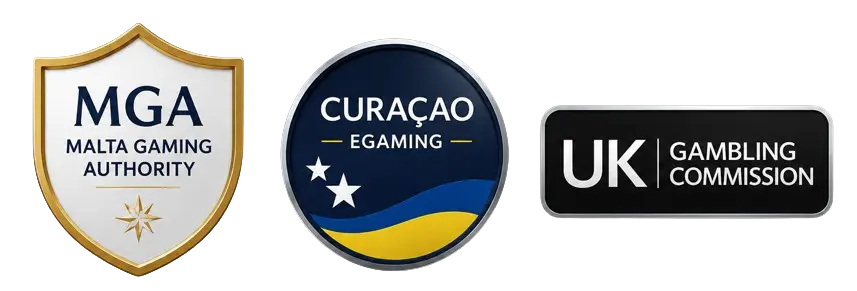 Loga regulátorů MGA, Curaçao eGaming a UK Gambling Commission
